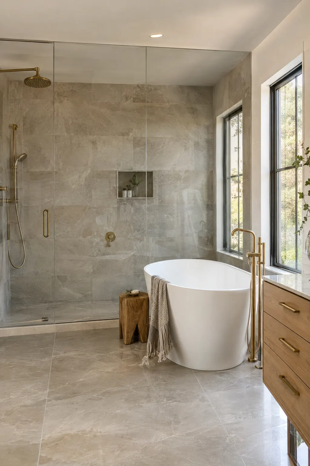 Remodeled primary bathroom with stone tile and freestanding tub
