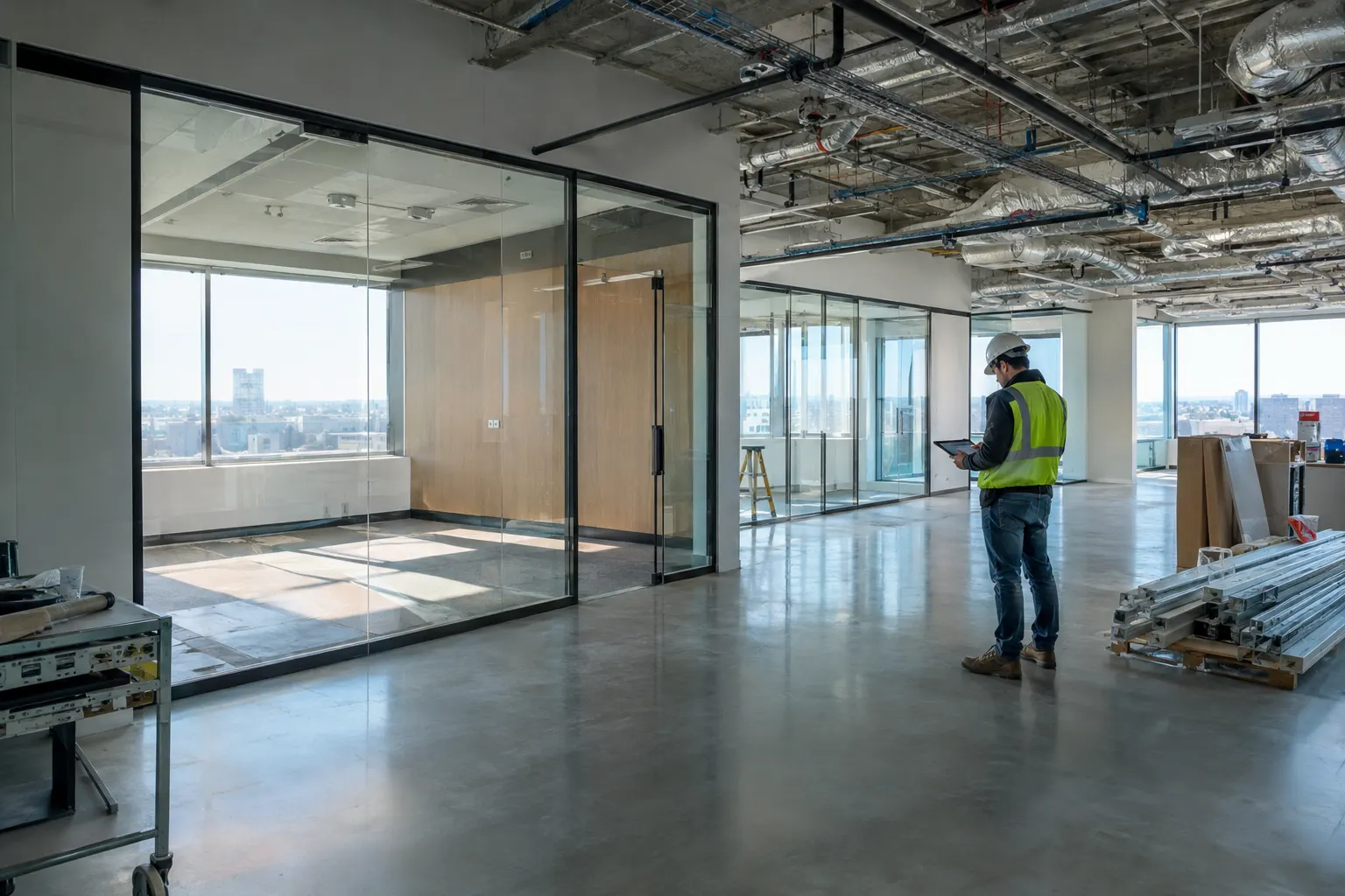 Commercial office build-out with glass partitions and polished concrete