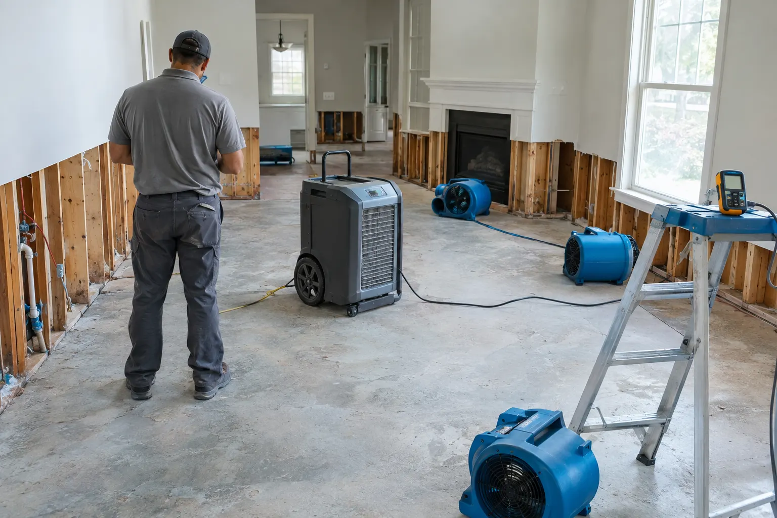 Drying equipment and dehumidifiers running in a home during water damage restoration